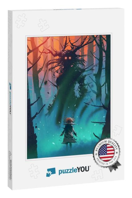 Little Girl & the Witch Looking Each Other in a Forest, D... Jigsaw Puzzle
