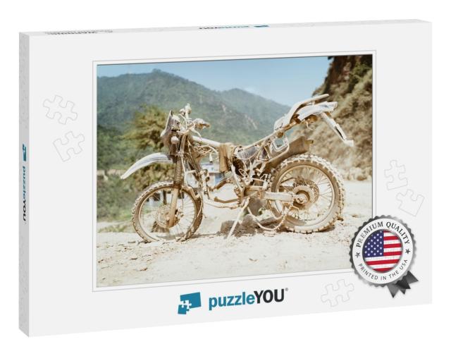 Abandoned Old Motocross Motorcycle be Drowned in Deep Roa... Jigsaw Puzzle