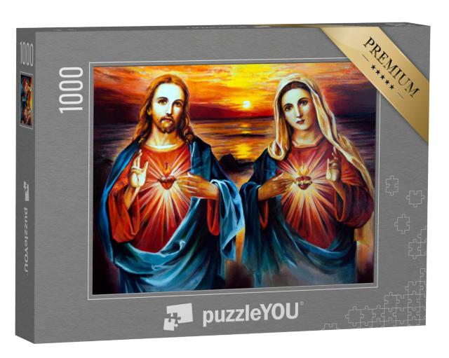 Puzzel 1000 stukjes „Jezus Christus en Maria met hart, een olieverfschilderij“