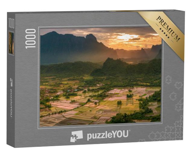 Puzzel 1000 stukjes „Gouden zonsondergang op de rijstvelden van Laos“