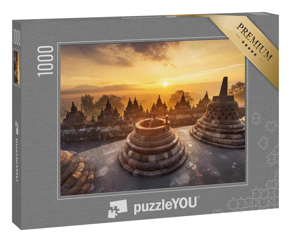 Puzzle 1000 Teile „Dramatischer und farbenfroher Sonnenaufgang vom Borobudur aus gesehen“