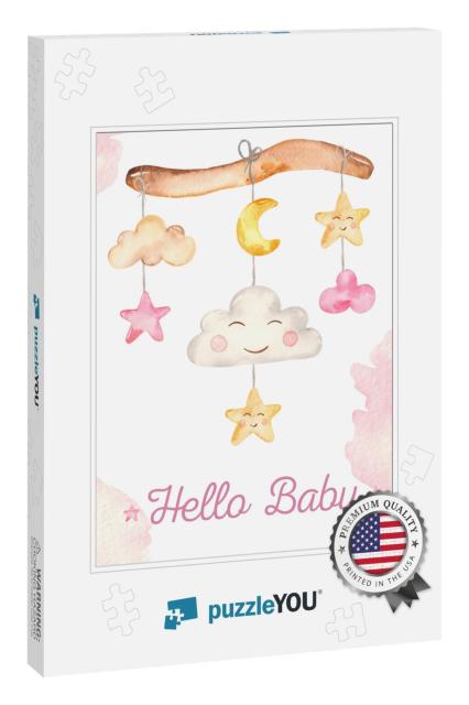 Watercolor Card with Mobile Baby Newborn Cute Girl... Jigsaw Puzzle