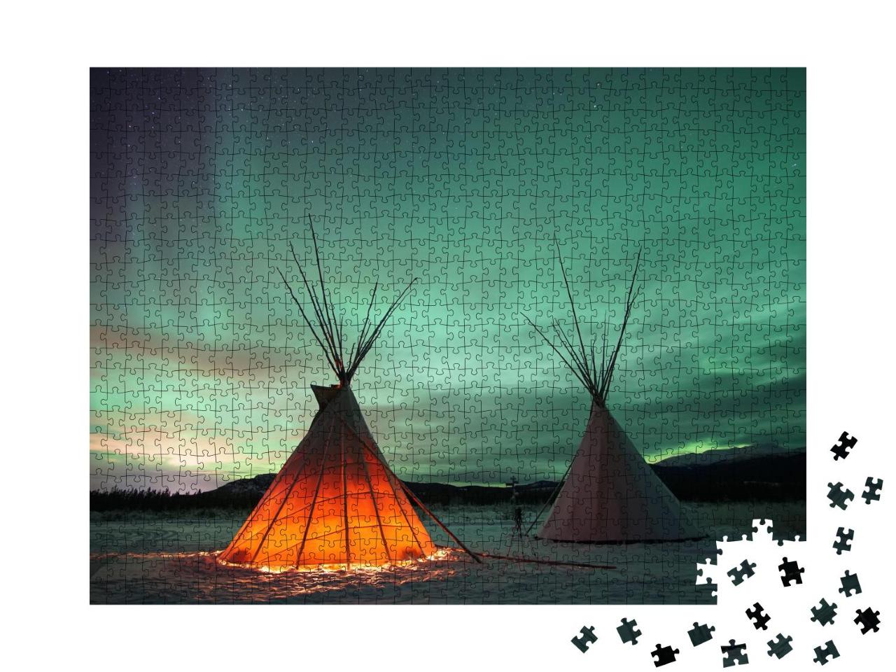 Puzzle 1000 Teile „Indianer Tipies unter dem Nordlicht in Whitehorse, Yukon (Kanada)“