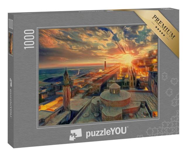 Puzzle 1000 Teile „im Stil von Edvard Munch, Der Schrei - Altstadt bei Sonnenuntergang - Mardin, Türkei“