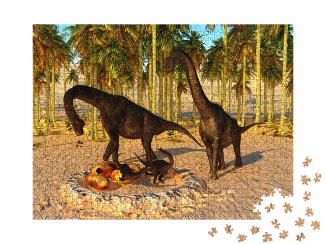 Puzzle 1000 Teile „Dinosaurier-Baby: Nest mit 3D-Illustration, Brachiosaurus-Eltern und Dino-Eier“