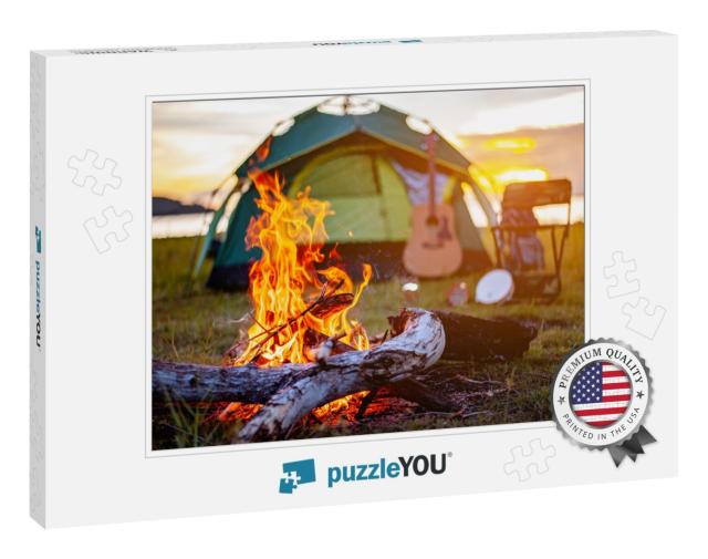Camping Bonfire Surrounded by Team of Asian Climbers Hike... Jigsaw Puzzle