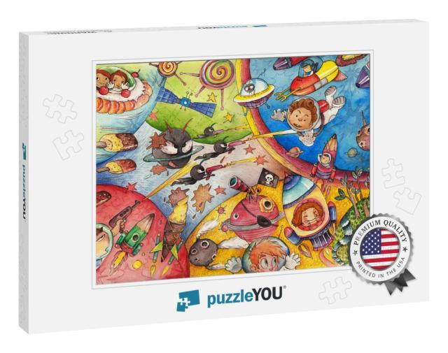 The Interstellar Age in Children's Eyes. Watercolor Artwo... Jigsaw Puzzle