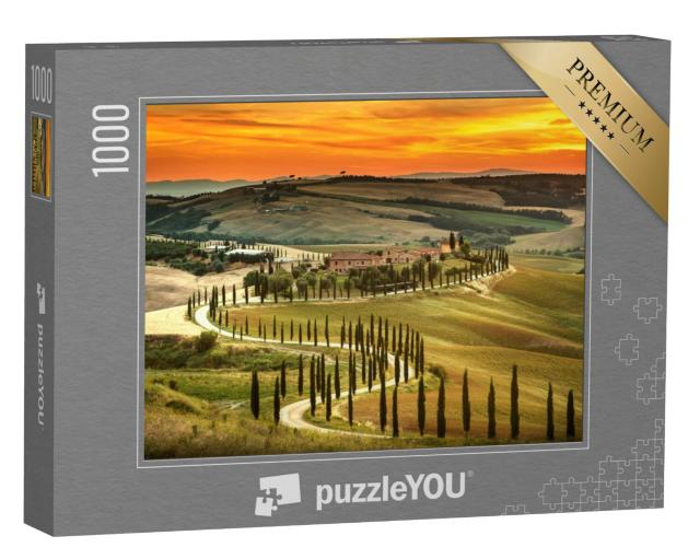 Puzzel 1000 stukjes „Zonsondergang over het landschap van Toscane, Italië“