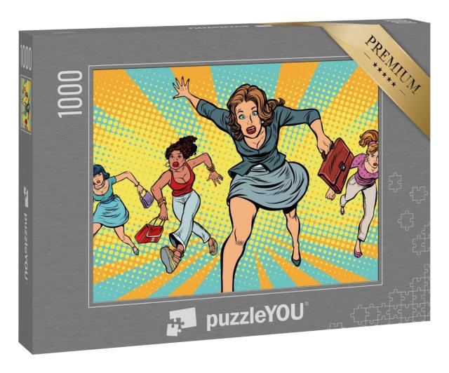 Puzzle 1000 Teile „Comic-Stil: Frauen rennen hektisch zum Verkauf“