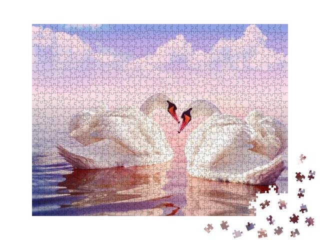 Puzzle 1000 Teile „Zwei wunderschöne weiße Schwäne im zartrosa Sonnenaufgang“