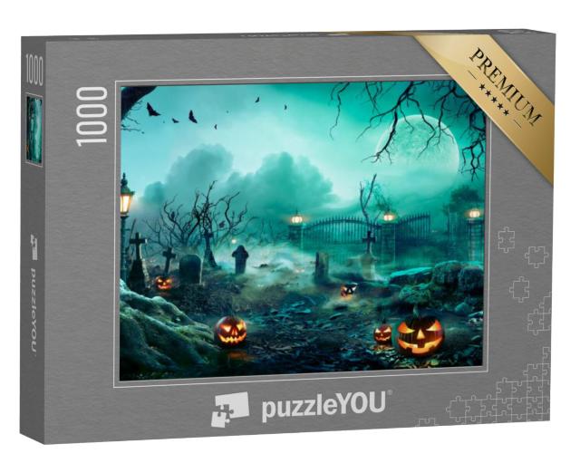 Puzzel 1000 stukjes „Pompoenen op het kerkhof op een griezelige Halloweenavond“