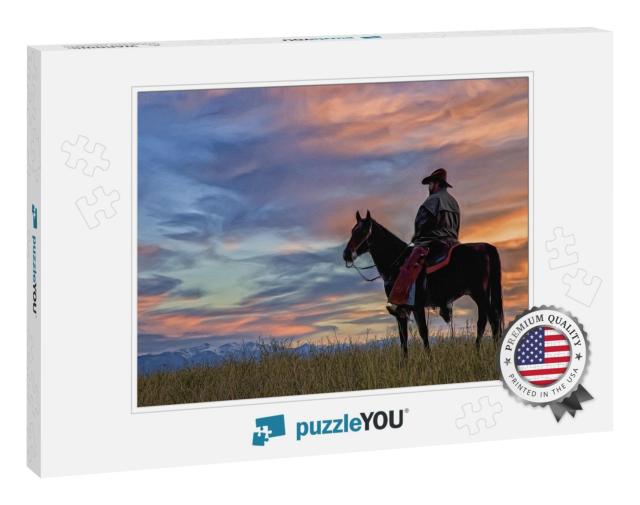 Montana Cowboy At Dawn, Digital Oil Painting... Jigsaw Puzzle