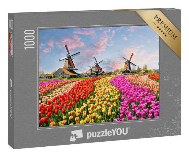 Puzzle „Idyllische Windmühlen und Tulpen, Niederlande“