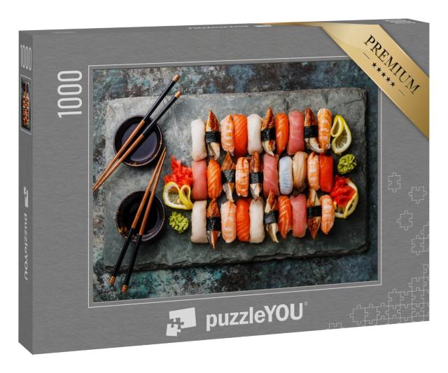 Puzzle 1000 Teile „Sushi-Set Nigiri auf grauer Schieferplatte mit Wasabi, Zitrone und Sojasauce“