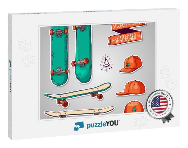 Set of Colored Stickers & Labels with Skateboards & Caps... Jigsaw Puzzle