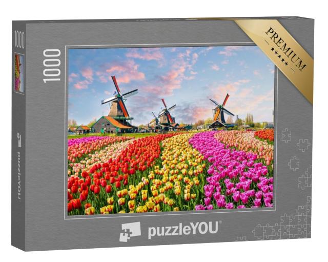 Puzzel 1000 stukjes „Idyllische windmolens en tulpen, Nederland“