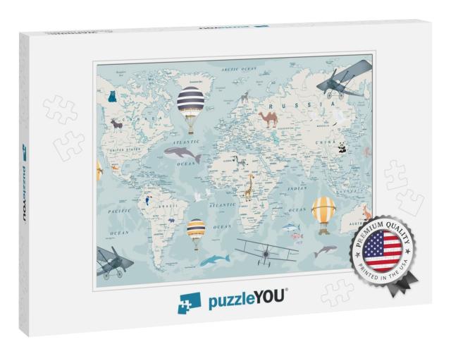Children's World Map with Animals, Balloons & Airplanes f... Jigsaw Puzzle