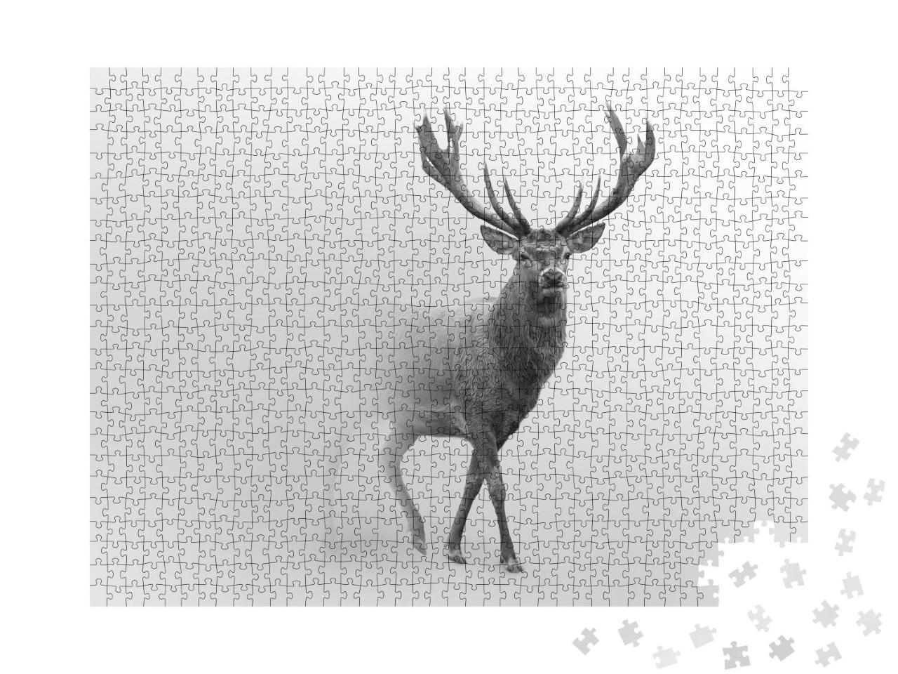 Puzzle 1000 Teile „Majestätischer Rothirsch im Nebel, schwarz-weiß“