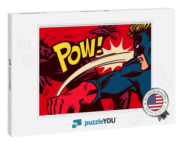 Pop Art Comic Book Style Panel with Superhero Fighting, T... Jigsaw Puzzle