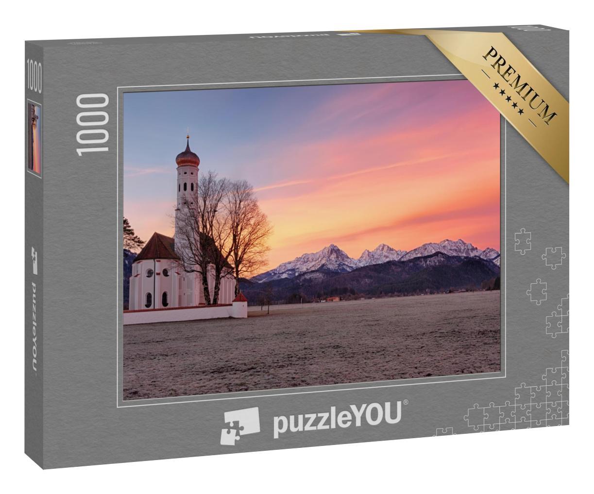 Puzzle 1000 Teile „Kirche St. Coloman im Sonnenaufgang, Bayern“