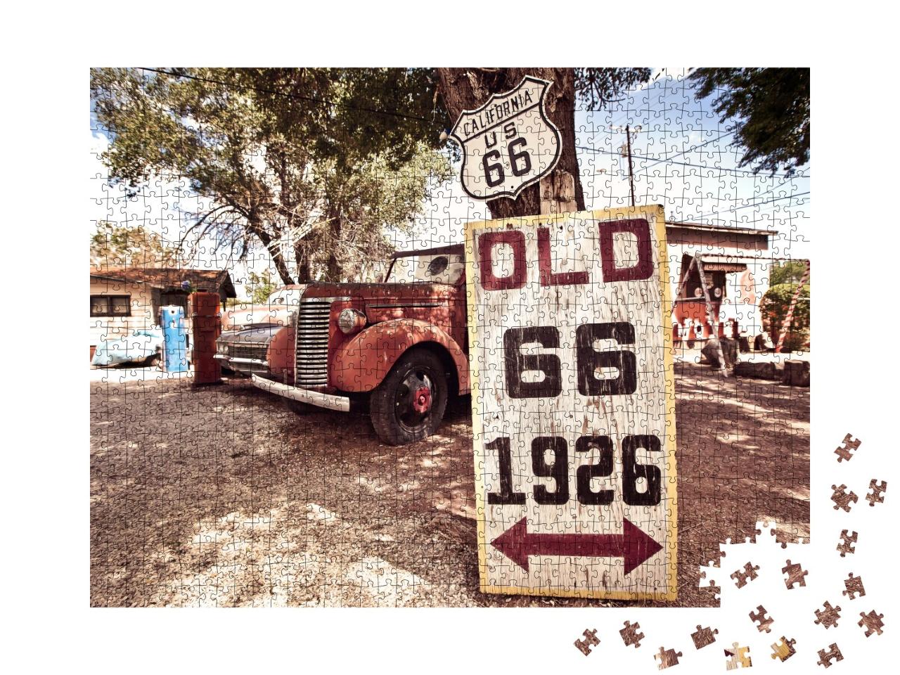 Puzzle 1000 Teile „Rostige Autos und Schilder mit Route 66“