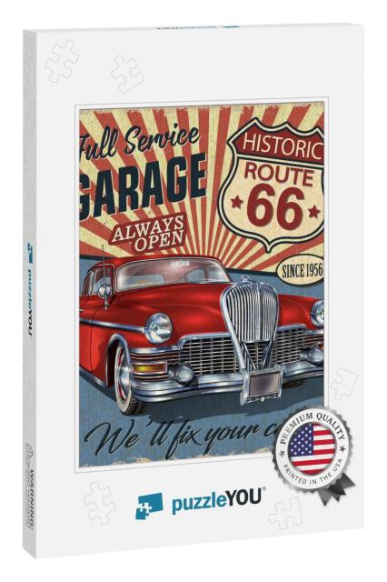 Vintage Route 66 Garage Retro Poster with Retro Car... Jigsaw Puzzle