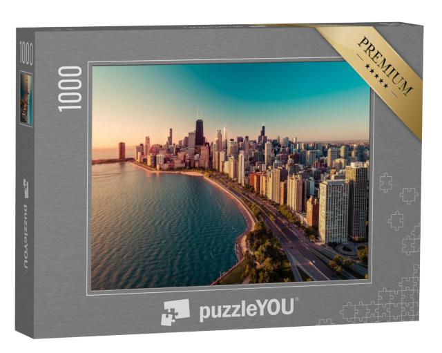 Puzzel 1000 stukjes „Skyline van Chicago met zonsopgang en Lake Michigan“