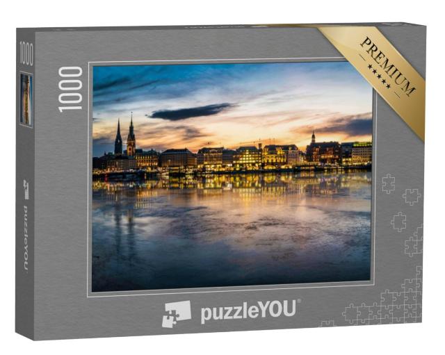 Puzzel 1000 stukjes „Uitzicht op Hamburg en de Alster bij zonsondergang“