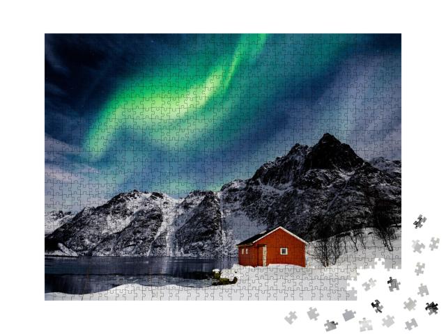 Puzzle 1000 Teile „Lofoten-Inseln: Nordlicht über einem Bergsee“