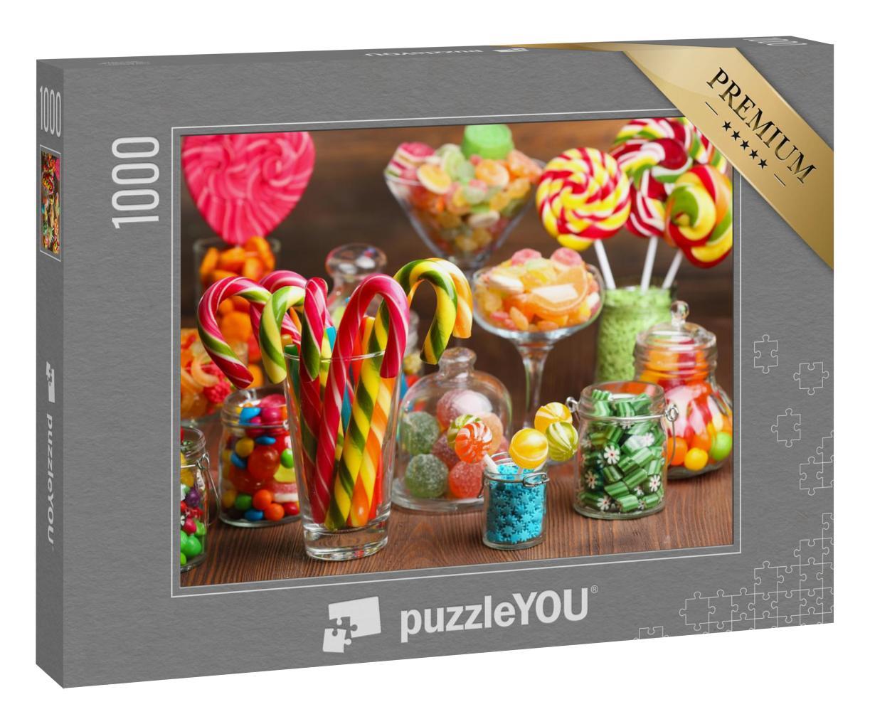 Puzzle 1000 Teile „Bunte Bonbons in Gläsern auf einem Holztisch, köstliche Candybar“
