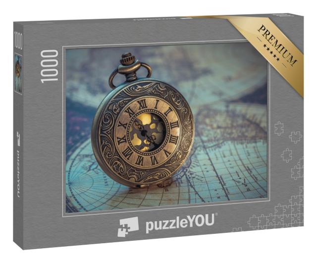 Puzzle „Antike Uhr auf einer alten Weltkarte“