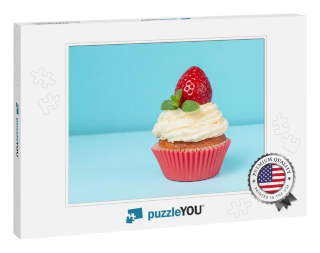 Cupcake with Whipped Cream Decorated Strawberry & Mint on... Jigsaw Puzzle