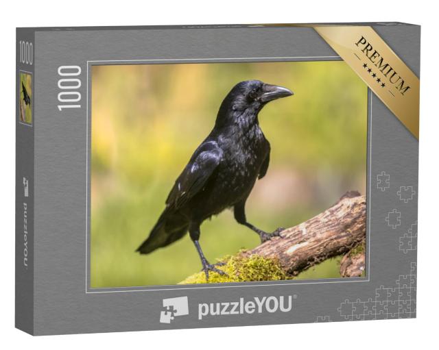 Puzzel 1000 stukjes „Zwarte zwarte zwarte kraai op een met mos bedekte boomstam“