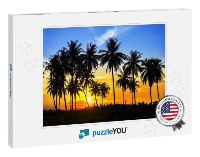 Silhouette of Coconut Palm Trees on Colorful Sun Set... Jigsaw Puzzle