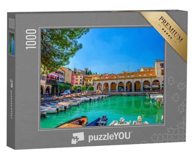 Puzzel 1000 stukjes „Oude haven met motorboten, Lombardije, Noord-Italië“