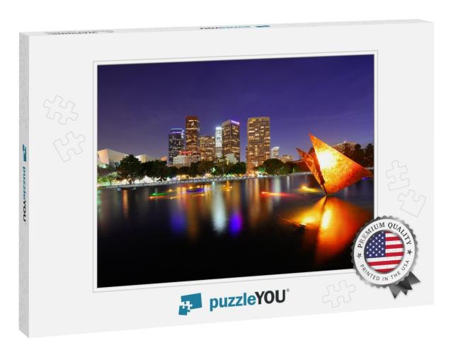 Los Angeles Downtown At Night with Urban Buildings & Lake... Jigsaw Puzzle