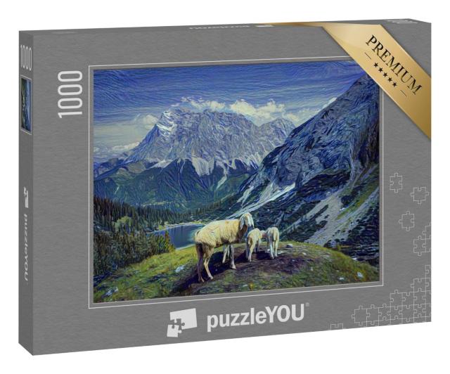 Puzzle 1000 Teile „im Kunst-Stil von van Gogh, Sternennacht - Seebensee und Coburger Hütte“