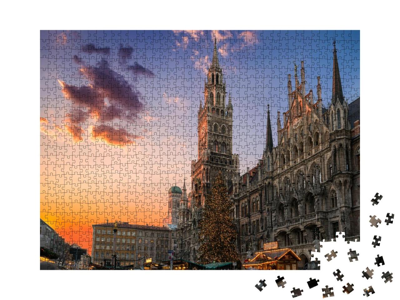 Puzzle 1000 Teile „Weihnachtsmarkt und Baum auf dem Marienplatz, München“