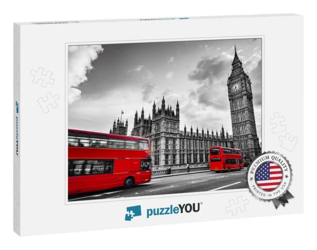London, the Uk. Red Buses in Motion & Big Ben, the Palace... Jigsaw Puzzle