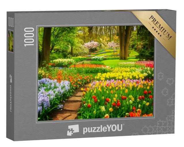 Puzzel 1000 stukjes „Kleurrijke tulpenperken in het park“