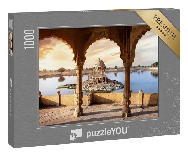 Puzzle „Steinbögen und Tempel im Gadi Sagar See bei in Jaisalmer, Rajasthan, Indien“