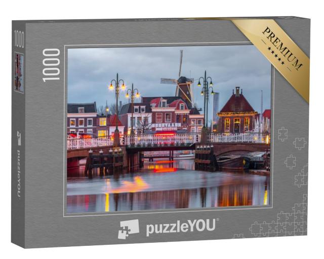 Puzzel 1000 stukjes „Nachtleiden met Blauwpoortsbrug en molen De Valk, Zuid-Holland“