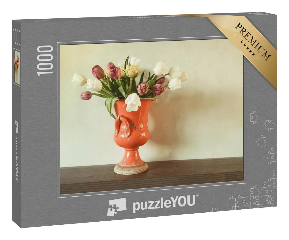 Puzzle 1000 Teile „Blumenstrauß aus Tulpen in einer roten Vintage-Keramik-Vase “