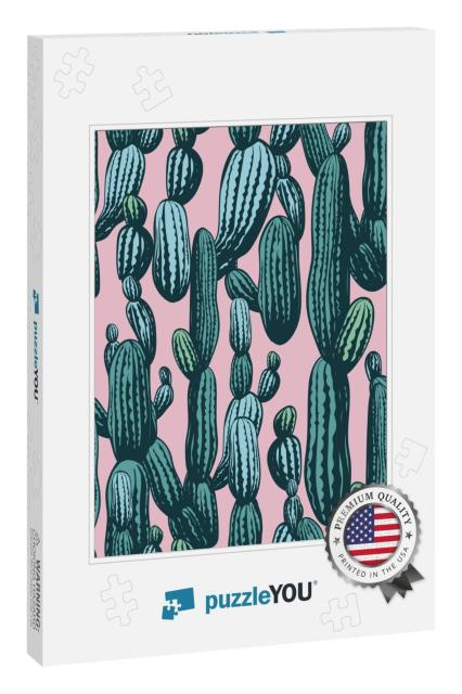 Seamless Cactus Pattern, Vintage Hand Drawn Illustrations... Jigsaw Puzzle