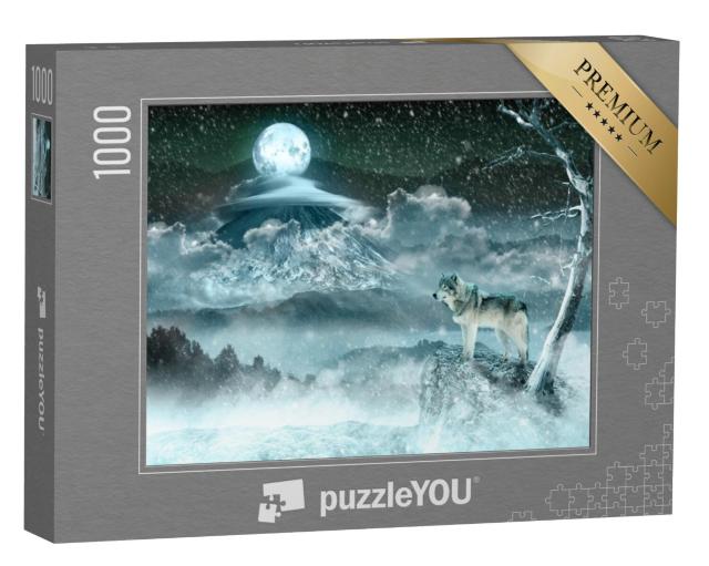 Puzzel 1000 stukjes „Maanwolf in een wit winterlandschap“