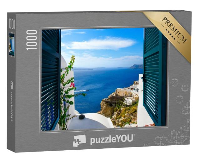 Puzzel 1000 stukjes „Uitzicht vanuit een raam in het dorp Oia op het eiland Santorini, Griekenland“