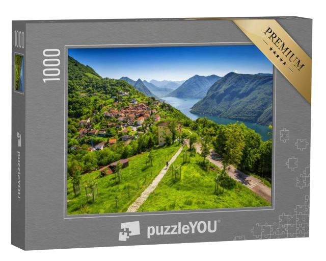 Puzzel 1000 stukjes „Uitzicht op de stad Lugano en het Luganomeer“