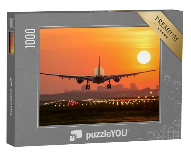 Puzzel 1000 stukjes „Passagiersvliegtuig landend in de zonsondergang“