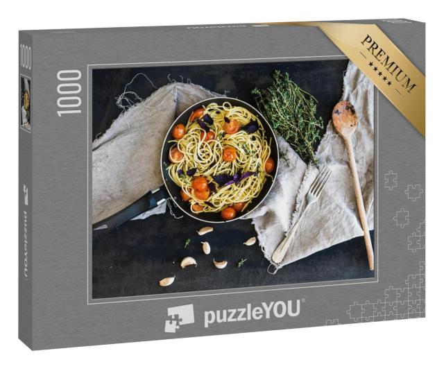 Puzzle 1000 Teile „Spaghetti mit Pesto, Basilikum und Kirschtomaten, wunderschön angerichtet“