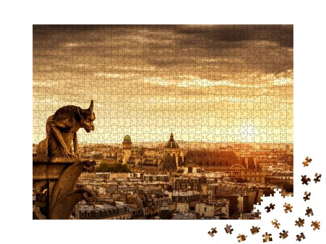Puzzle 1000 Teile „Wasserspeier auf der Kathedrale von Notre Dame, dahinter Paris“